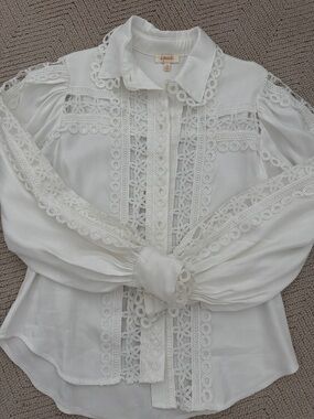 White Lace-Trim Button-Up Blouse